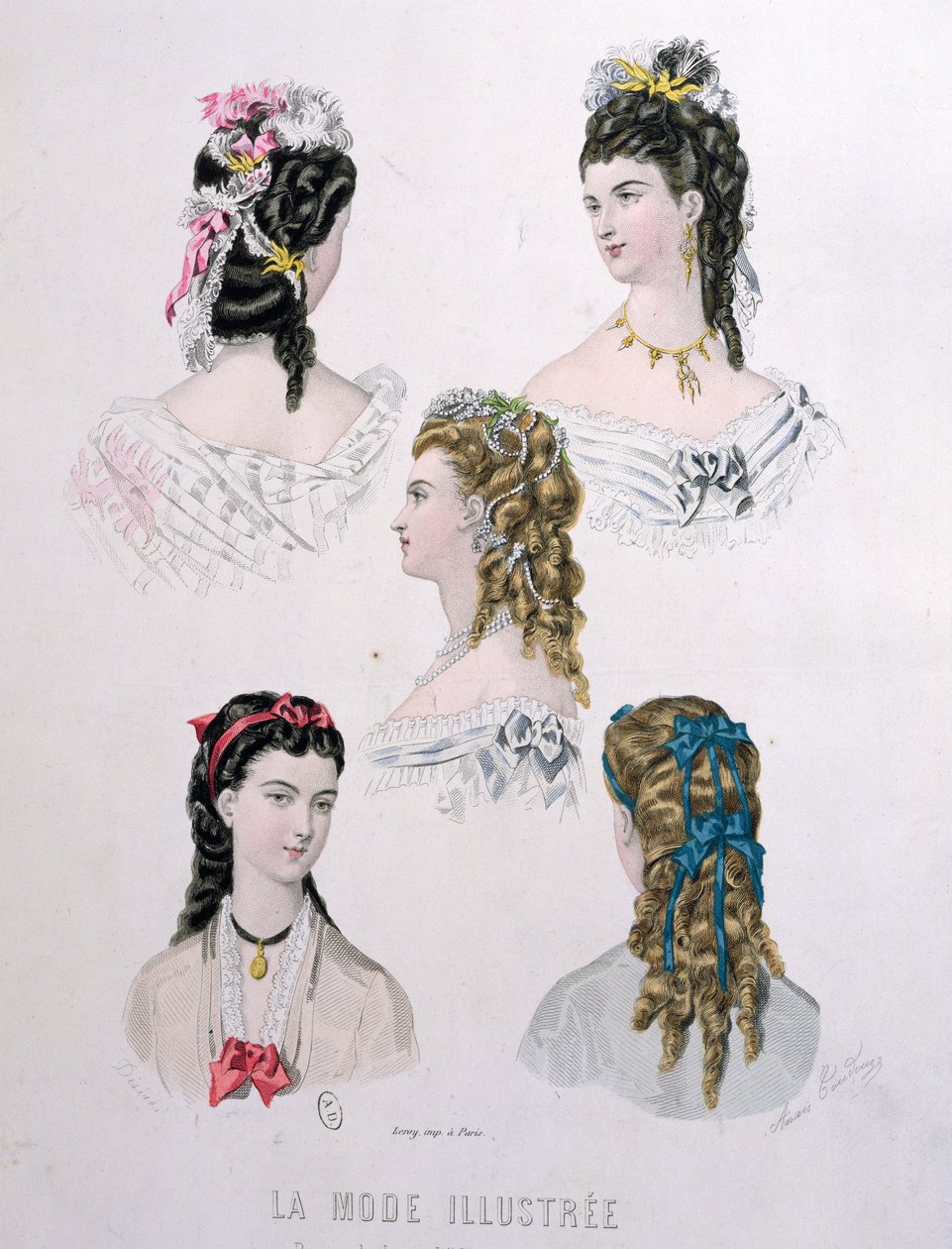 Fryzury ze wstążkami, ilustracja z „La Mode Illustree”, 1872 (kolorowe grawerowanie) autorstwa Anais Toudouze