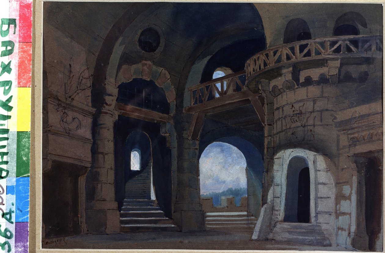 Decor pour la piece Makbet Williama Szekspira (1564-1616) (projekt scenografii do sztuki Makbet W. Szekspira). Oeuvre de Anatoli Fiodorovich Geltser (1852-1918), aquarelle et gouache sur papier autorstwa Anatoli Fedorovich Geltser