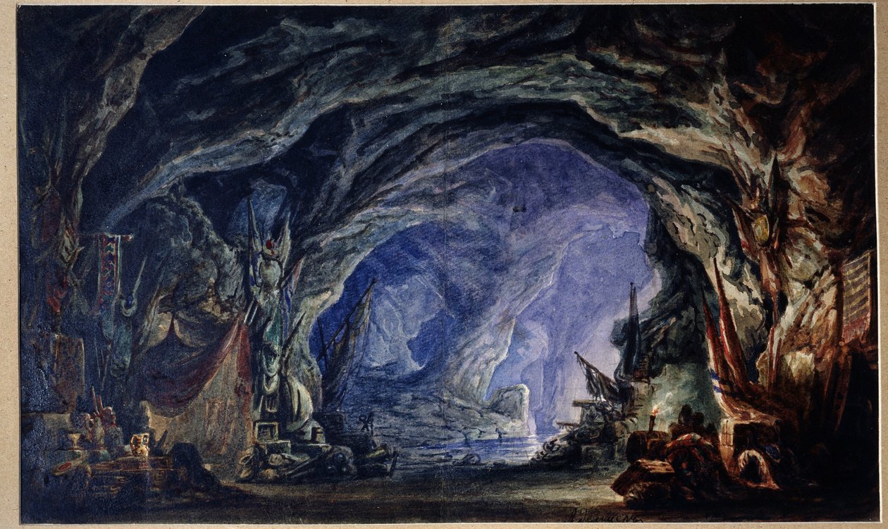 Dekoracja przygotowawcza do baletu Le Corsaire autorstwa Adolphe Adama (1803-1856) (projekt scenografii do baletu Corsair autorstwa A.Adam). Jaskinia korsarzy, dostępna drogą morską, gdzie gromadzą swoje łupy i nagrody wszelkiego rodzaju (ubrania, naczynia autorstwa Anatoli Fedorovich Geltser