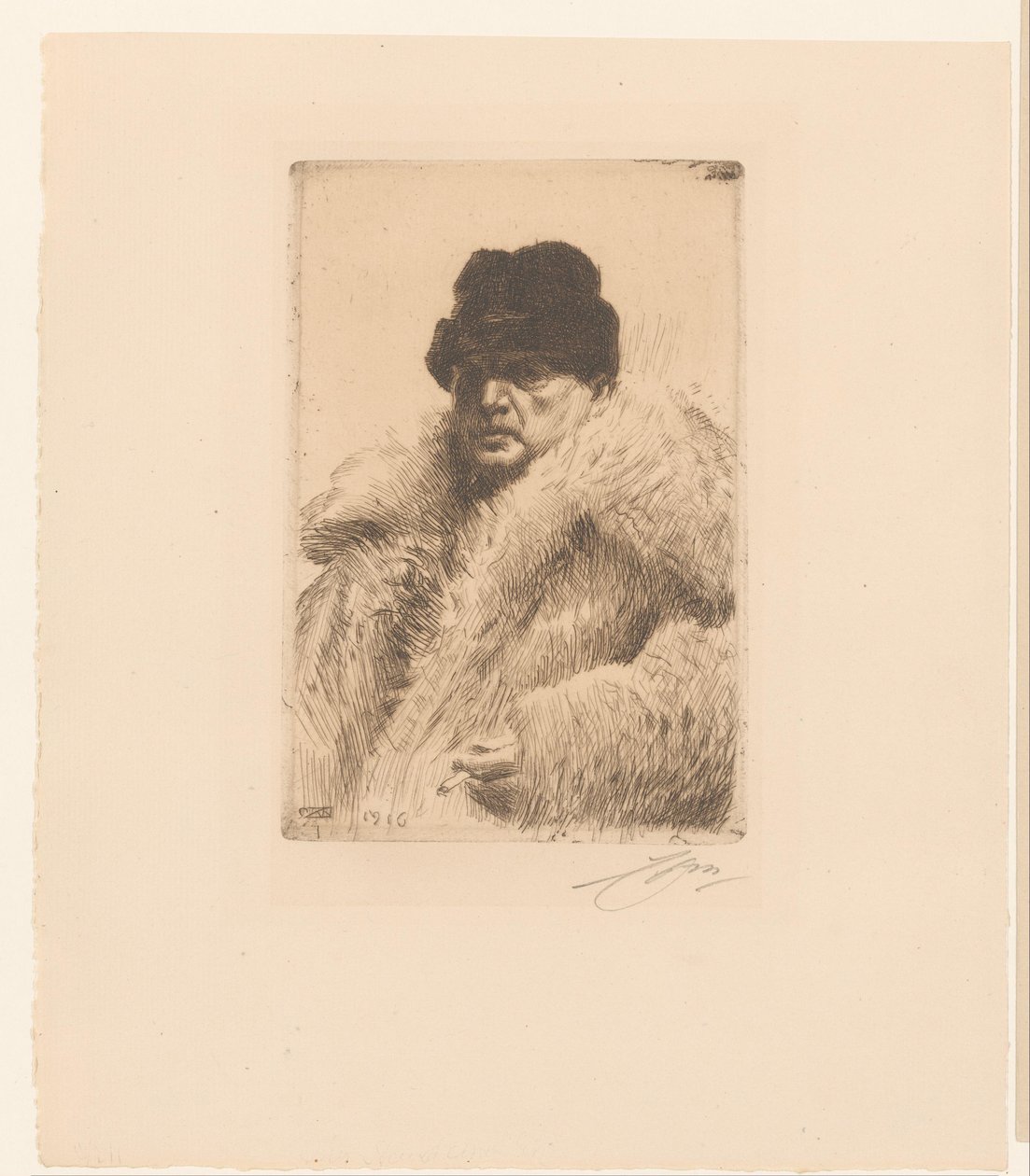 Autoportret z futrem i czapką autorstwa Anders Leonard Zorn (signed by artist)
