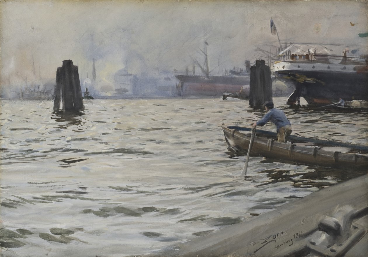 Port w Hamburgu, 1891 (wc na papierze) autorstwa Anders Leonard Zorn