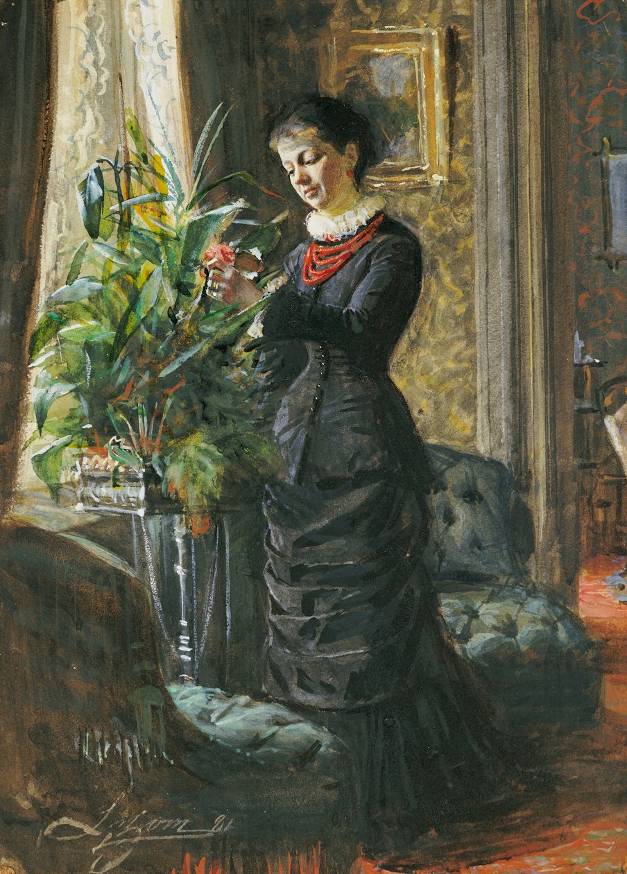 Portret Fru Lisen Samson, z domu Hirsch, układająca kwiaty w oknie, 1881 autorstwa Anders Leonard Zorn