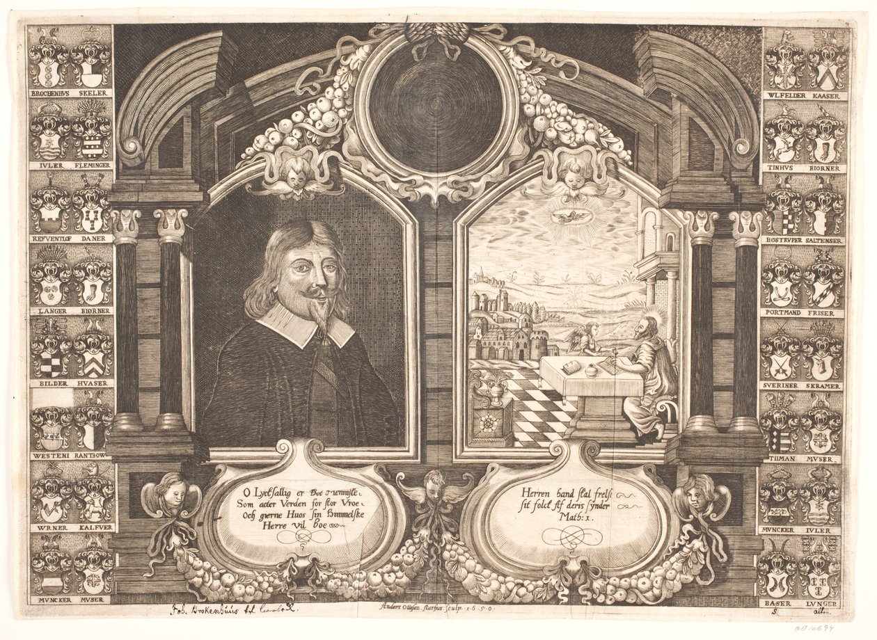 Johan Brockenhuus i scena z ewangelistą Mateuszem. Na kazanie pogrzebowe autorstwa Anders Ottesen
