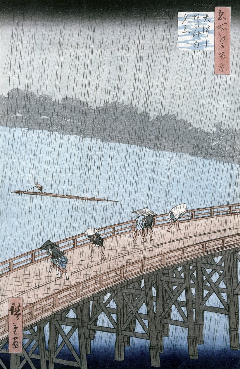 Nagły prysznic nad mostem Shin-Ohashi i Atake (Ohashi Atake no Yudachi), z serii „Meisho Edo Hyakkei” (Sto słynne widoki Edo) (kolorowy drzeworyt) autorstwa Utagawa Hiroshige