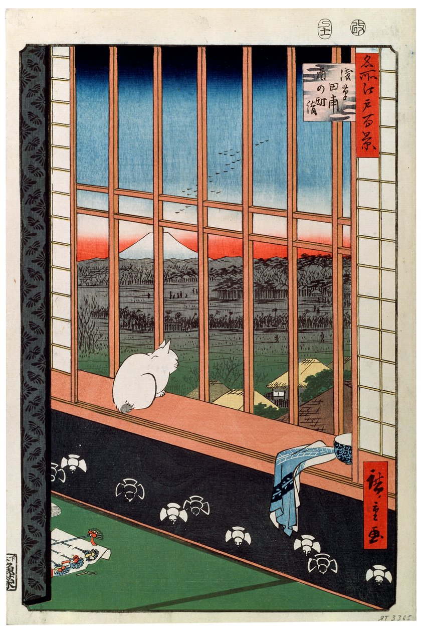 Kot siedzący na siedzeniu przy oknie, XIX w. autorstwa Ando Hiroshige