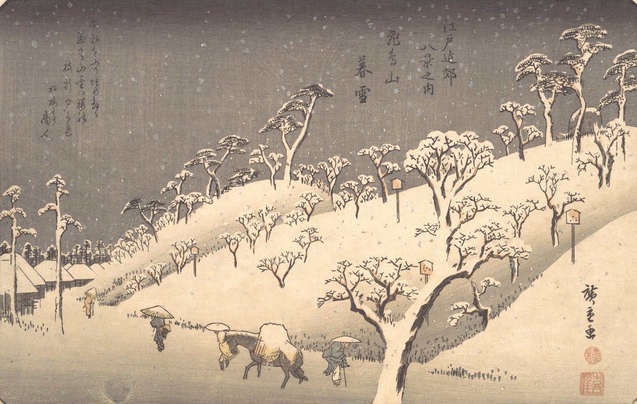 Asukayama w Wieczornym Śniegu, ca. 1838., ca. 1838. autorstwa Ando Hiroshige