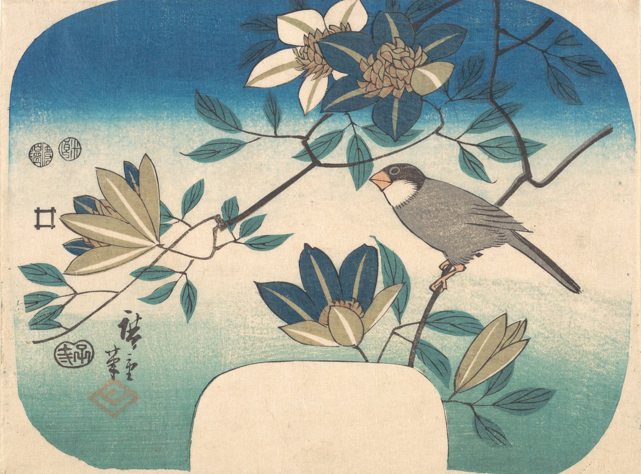 Powojnik i ptak, 1852., 1852. autorstwa Ando Hiroshige