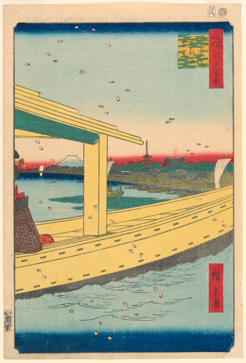 Odległy widok na świątynię Kinryuzan z mostu Azuma (Azuma-bashi, Kinryuzan embo) nr 39 z serii Sto słynnych widoków Edo autorstwa Ando Hiroshige