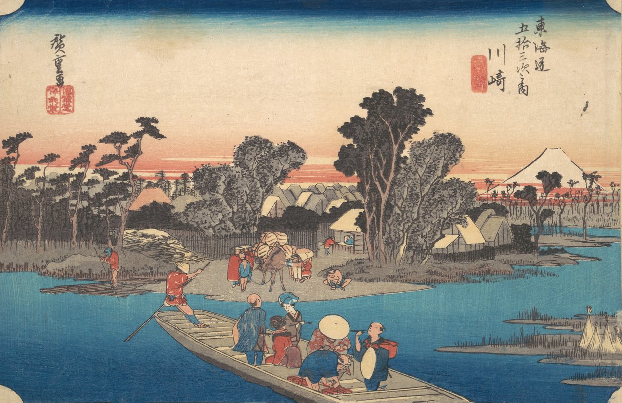 Prom przeprawa przez rzekę Rokugo, ca. 1834., ca. 1834. autorstwa Ando Hiroshige