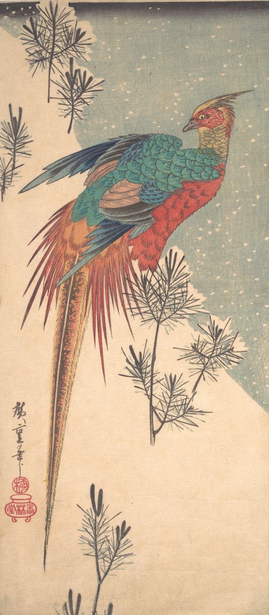 Bażant złocisty i pędy sosny w śniegu , ok. godz. 1835., ca. 1835. autorstwa Ando Hiroshige