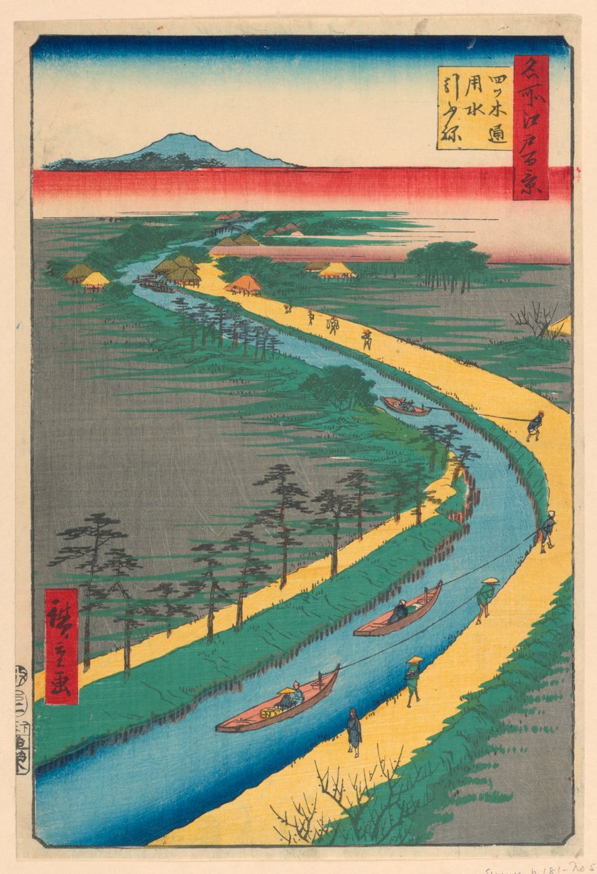 Przeciąganie łodzi na kanałach, droga Yotsugi (Yotsugi-dori, yosui hikifune) Z serii Sto słynnych widoków Edo autorstwa Ando Hiroshige