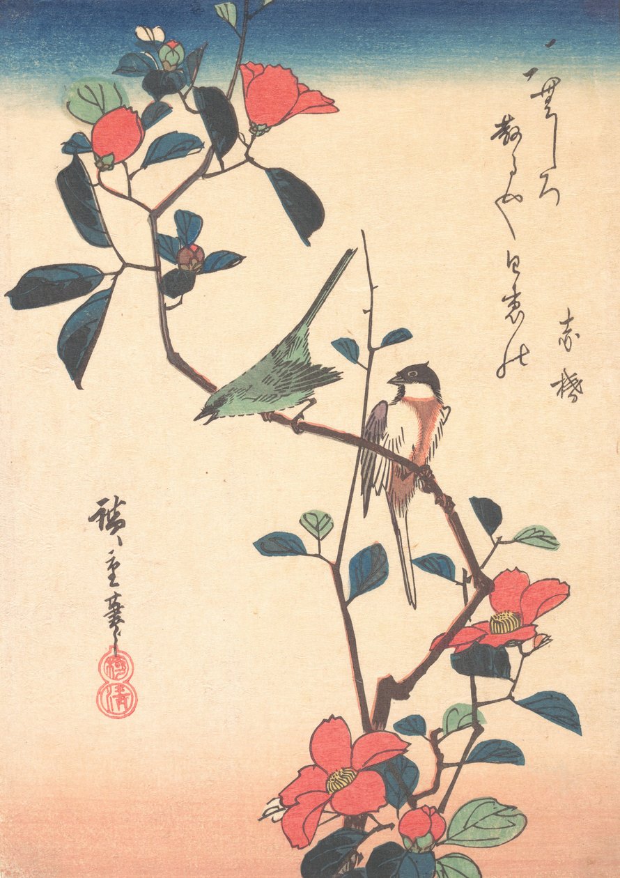 Japoński białookie i sikorki na gałęzi kamelii, ca. 1840., ca. 1840. autorstwa Ando Hiroshige