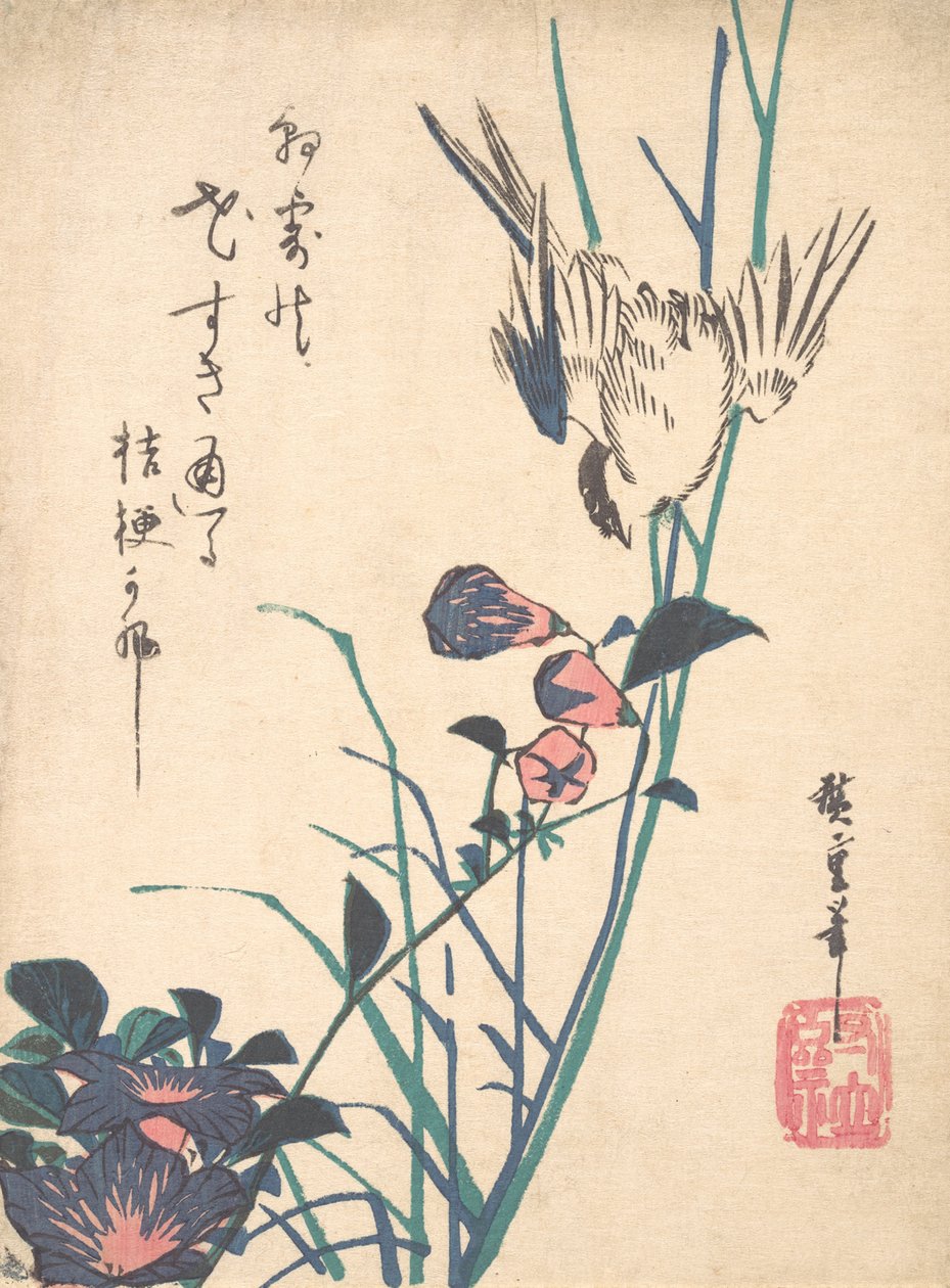 Dzióbek i Wróbel wielkokwiatowy, ca. 1833., ca. 1833. autorstwa Ando Hiroshige