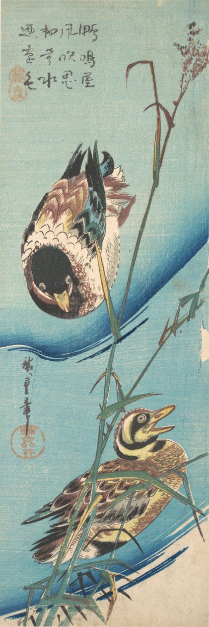 Kaczki krzyżówki i ośnieżone trzciny , ca. 1843., ca. 1843. autorstwa Ando Hiroshige