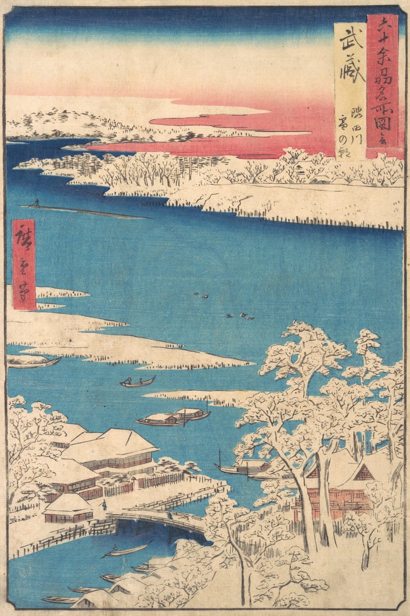 Poranek po śniegu, rzeka Sumida, prowincja Musashi , z cyklu Widoki o..., ok. godz. 1853. autorstwa Ando Hiroshige
