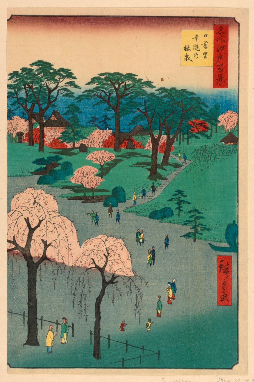 Nippori, Ogrody Świątynne (Nippori, Jiin No Rinsen) Z serii Sto słynnych widoków Edo autorstwa Ando Hiroshige