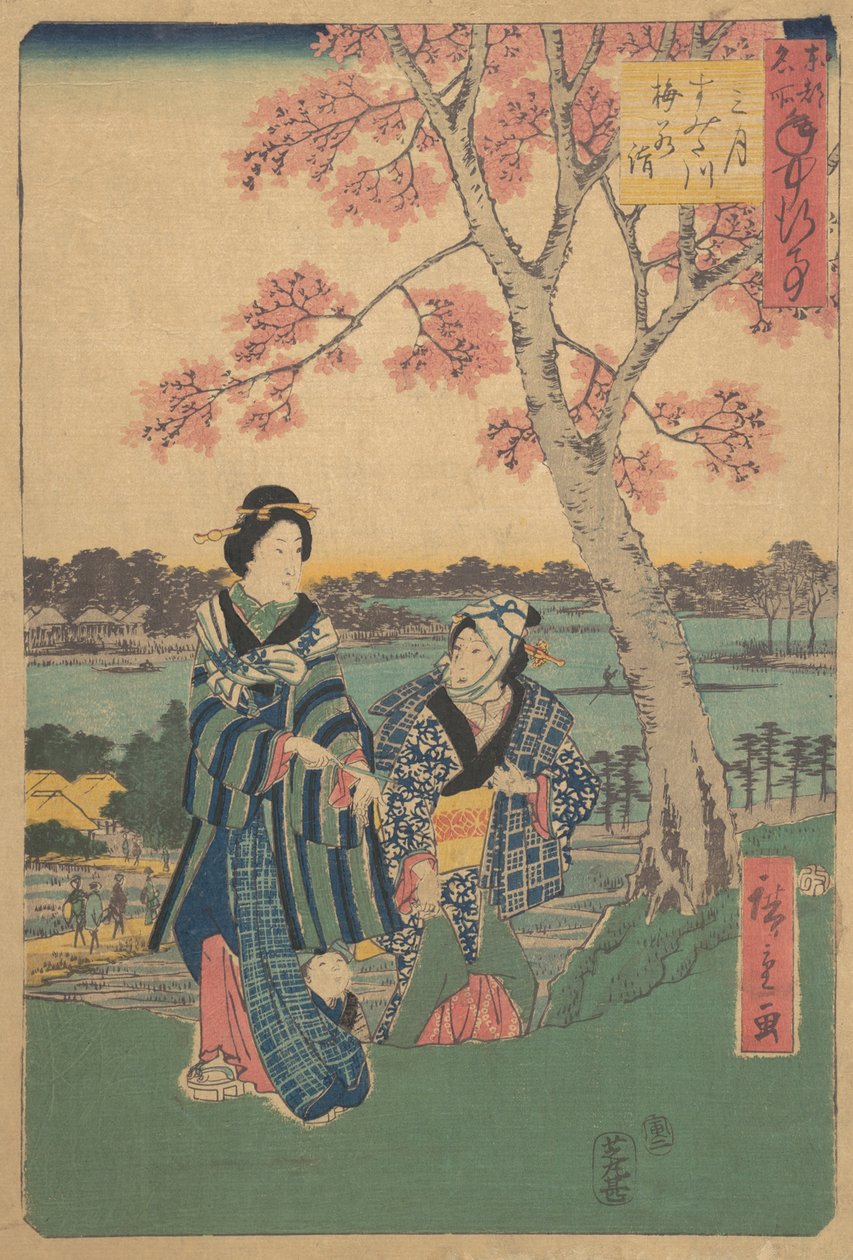 Oglądanie kwiatu śliwy w trzecim miesiącu nad rzeką Sumida z cyklu Annual Events at F..., 1854. autorstwa Ando Hiroshige