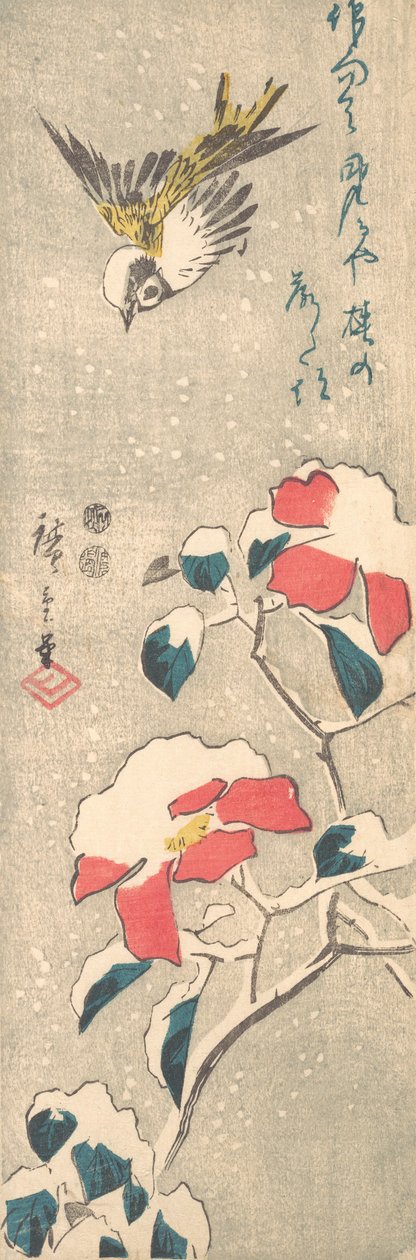 Wróbel i Ośnieżona Kamelia Tsubaki, ca. 1845., ca. 1845. autorstwa Ando Hiroshige