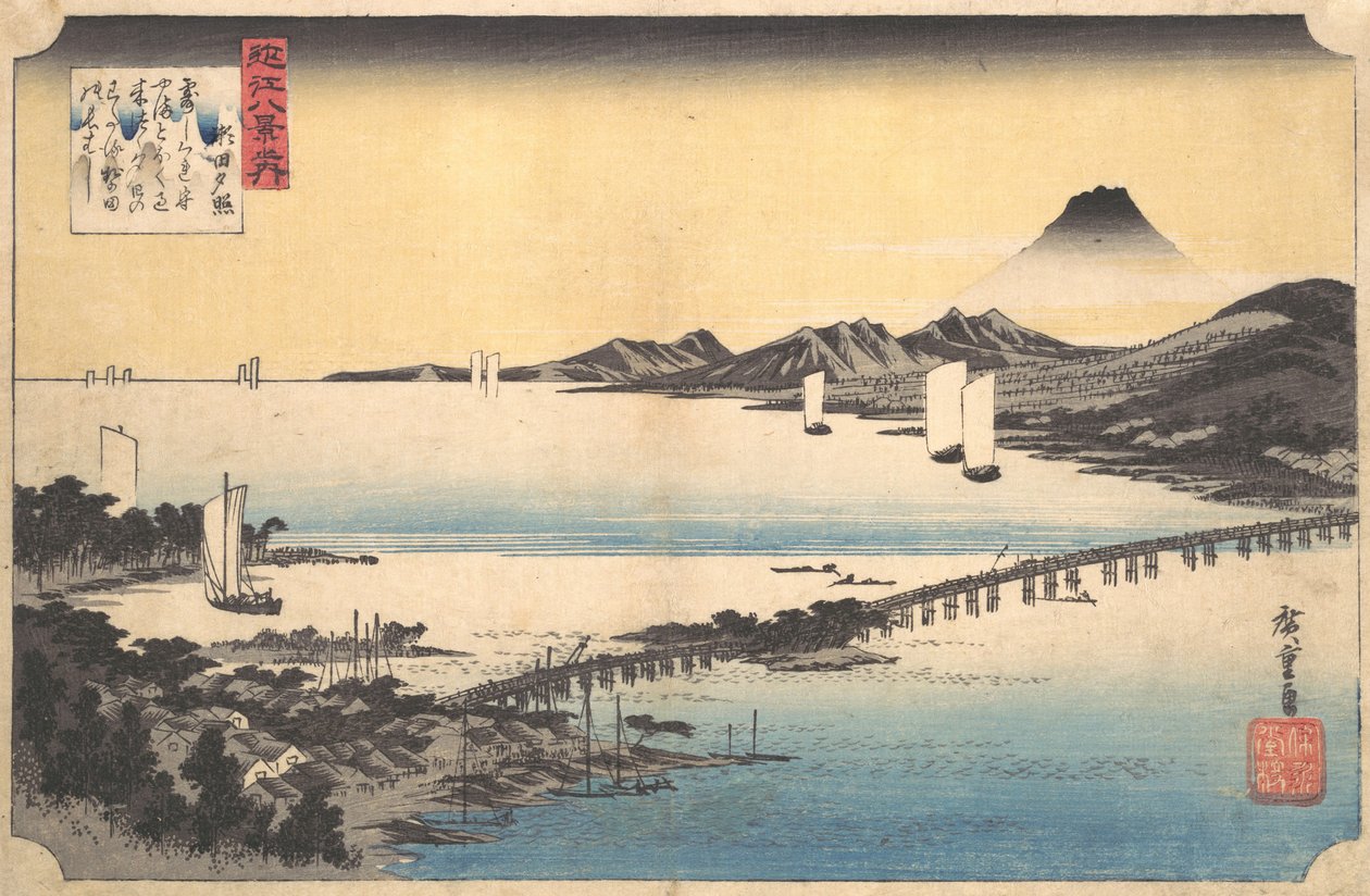 Sunset Glow at Seta Seta sekisho, z serii Osiem widoków prowincji Omi Omi ha..., 1834-35. autorstwa Ando Hiroshige