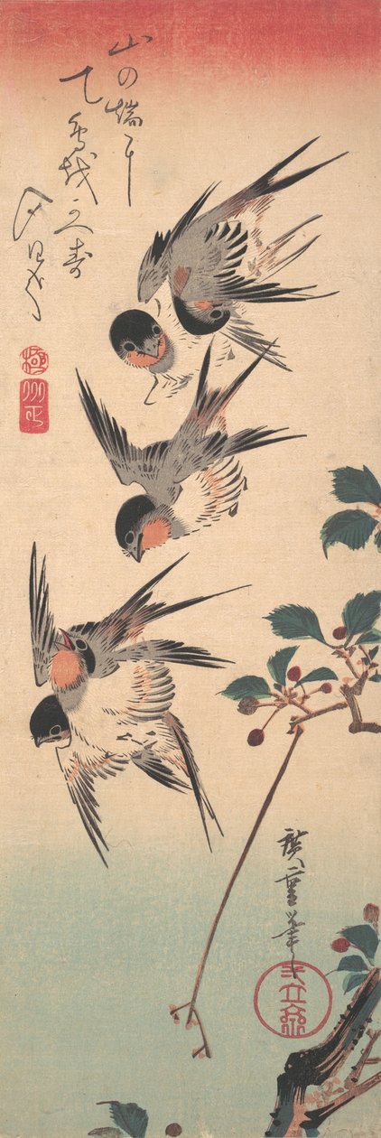 Jaskółki i Pączkowanie Dzikiej Wiśni, ca. 1835., ca. 1835. autorstwa Ando Hiroshige