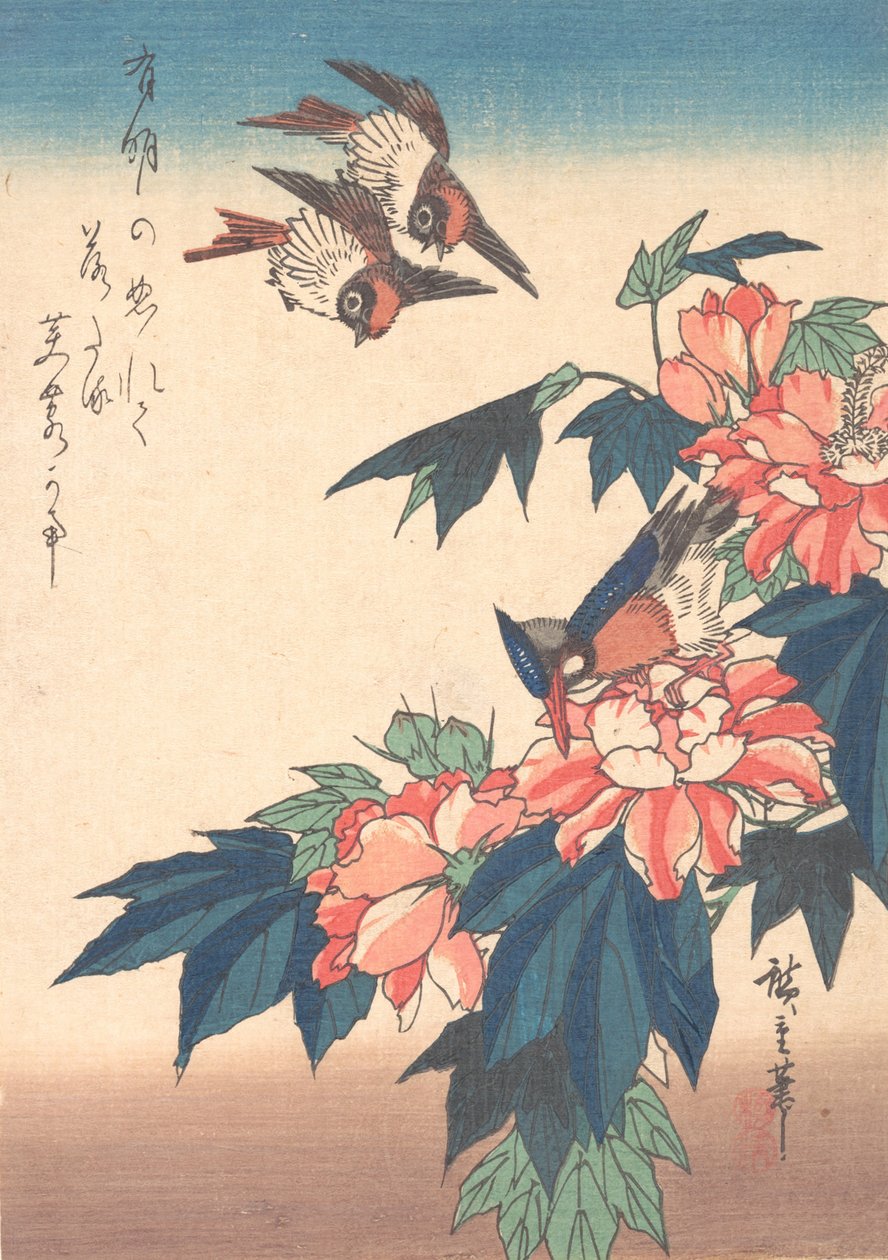 Jaskółki i zimorodek z różą ślazową 1838., ca. 1838. autorstwa Ando Hiroshige