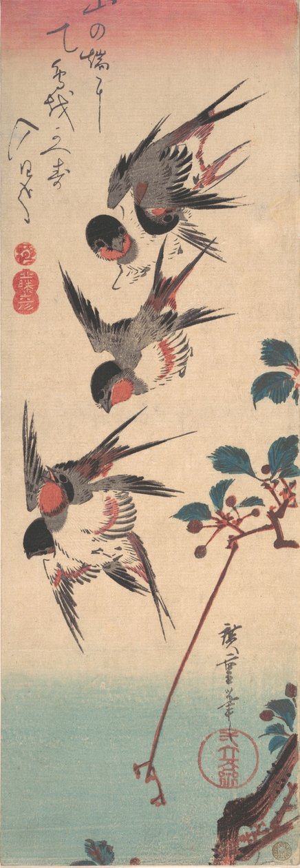 Jaskółki i Dzika Wiśnia, ca. 1834., ca. 1834. autorstwa Ando Hiroshige