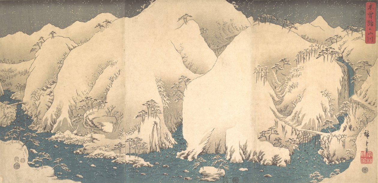Góry Kiso w Śniegu, datowane na ósmy miesiąc węża..., datowane na ósmy miesiąc roku Węża, 1857. autorstwa Ando Hiroshige
