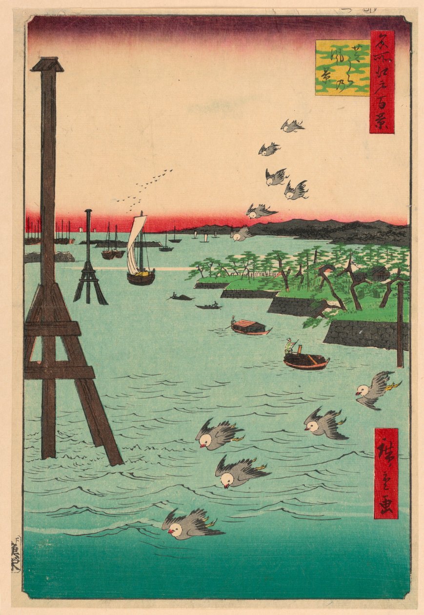 Widok na wybrzeże Shiba (Shibaura no fukei) z serii Sto słynnych widoków Edo autorstwa Ando Hiroshige