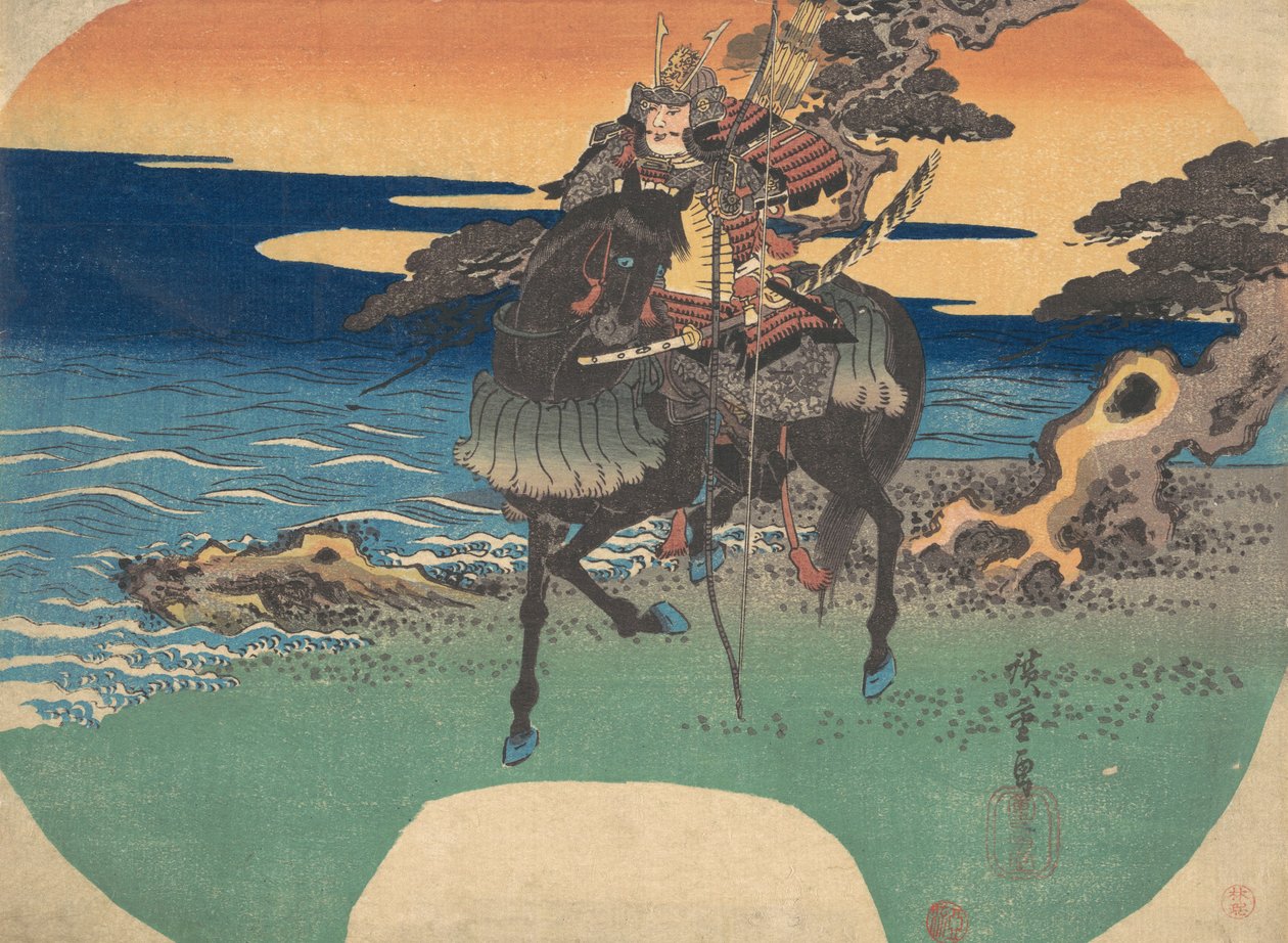 Wojownik na czarnym koniu wzdłuż wybrzeża morskiego, ok. godz. 1835., ca. 1835. autorstwa Ando Hiroshige