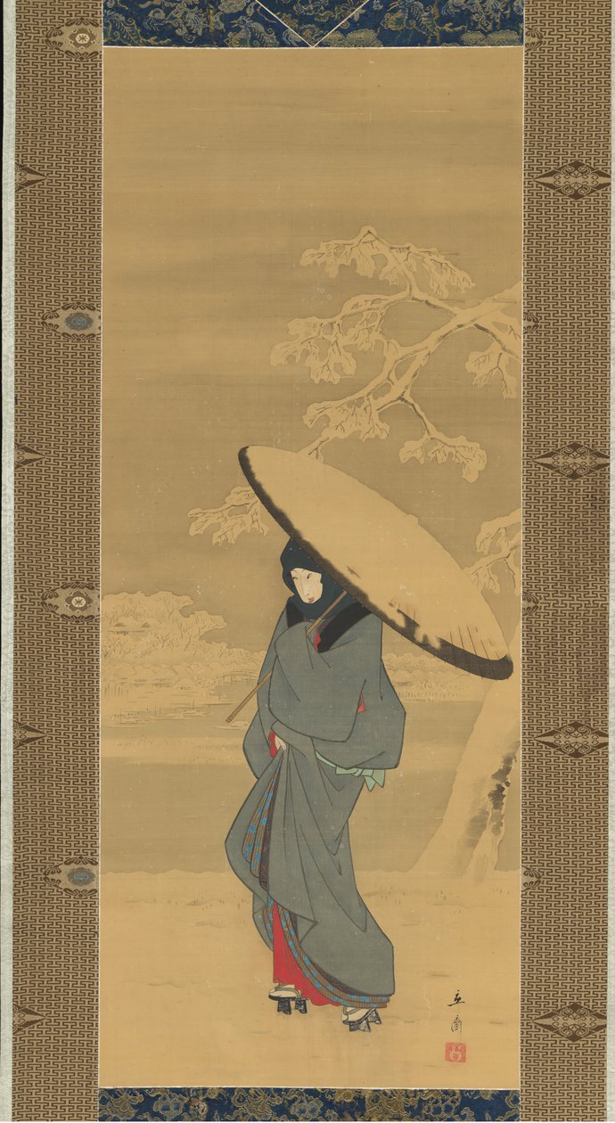Kobieta spacerująca po śniegu, lata czterdzieste i pięćdziesiąte XIX wieku. autorstwa Ando Hiroshige
