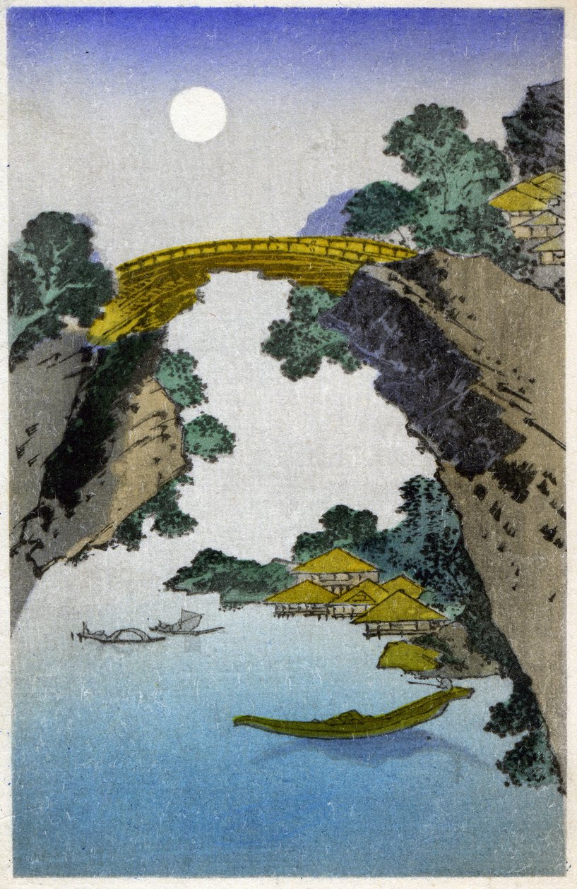 Geografia. Japonia. Most. Drzeworyt Hiroshige w: Fifty Three Stations of the Tokaido (1833-1834). Pocztówka, Japonia, ok. 1900 r. (pocztówka) autorstwa Ando or Utagawa (after) Hiroshige