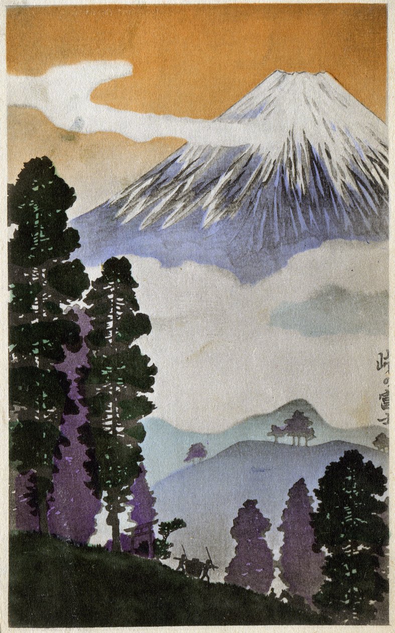 Geografia. Japonia. Góra Fuji. Drzeworyt autorstwa Hiroshige w: Fifty Three Stations of the Tokaido (1833-1834). Pocztówka, Japonia, ok. 1900 r. Drzeworyt Hiroshige w: Fifty Three Stations of the Tokaido (1833-1834). Pocztówka, Japonia, ok. 1900 r. (pocztó autorstwa Ando or Utagawa (after) Hiroshige