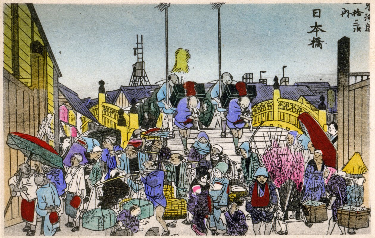 Geografia. Japonia. Poranna poświata na Nihonbashi (1. stacja). Drzeworyt autorstwa Hiroshige w: Fifty Three Stations of the Tokaido (1833-1834). Pocztówka, Japonia, ok. 1900 r. (pocztówka) autorstwa Ando or Utagawa (after) Hiroshige