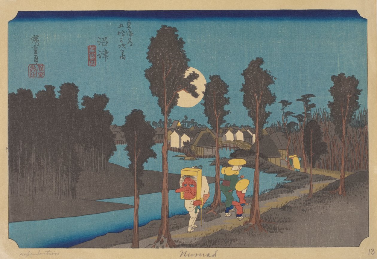 Stacja Numazu (kolorowy drzeworyt) autorstwa Ando or Utagawa (after) Hiroshige