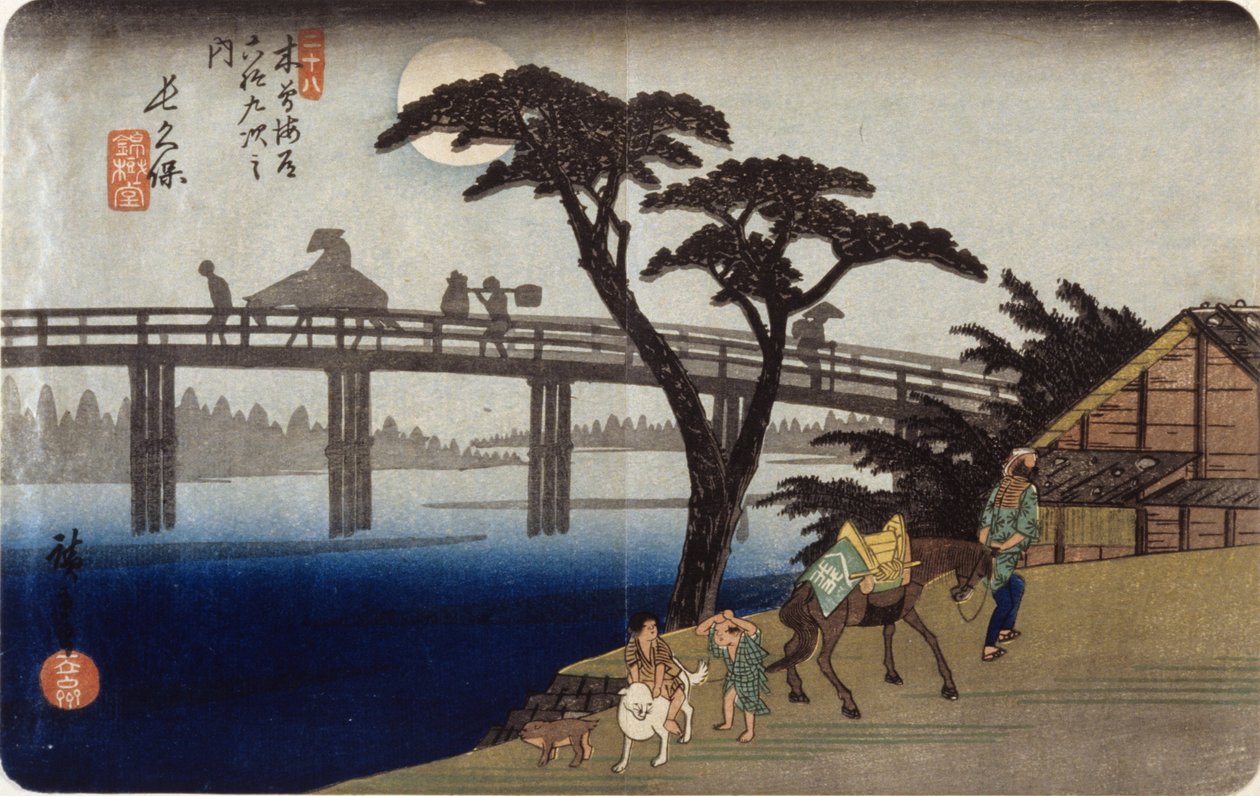 (szare sylwetki na moście) autorstwa Ando or Utagawa Hiroshige