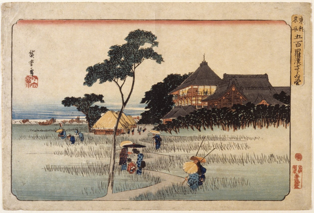 (Duży budynek z chatami poniżej) autorstwa Ando or Utagawa Hiroshige