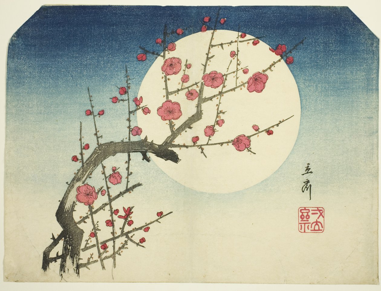 Gałąź czerwonej śliwki na tle letniego księżyca, ok. 1840 r. (drzeworyt kolorowy; uchiwa-e) autorstwa Ando or Utagawa Hiroshige