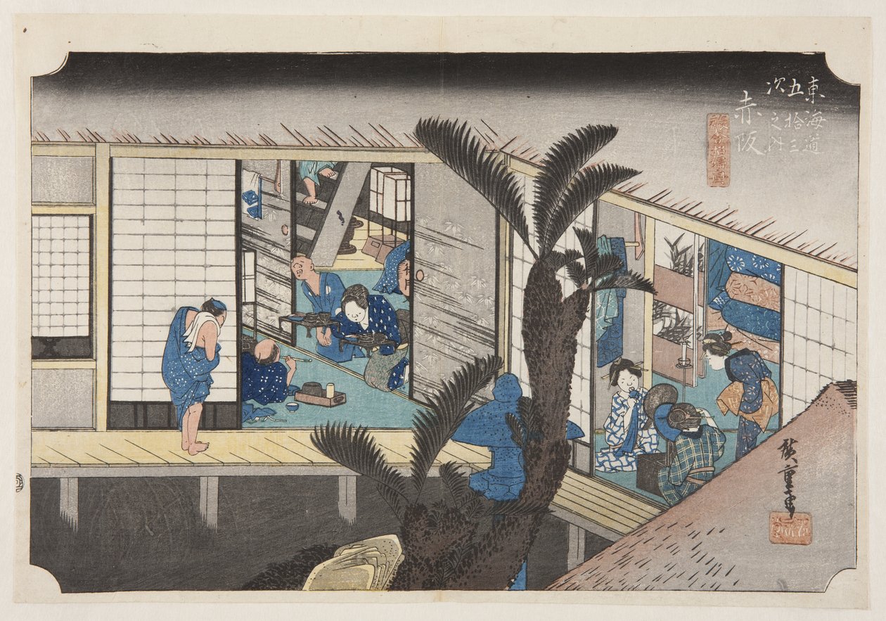 Akasaka: Inn with Serving Maids (Akasaka, ryosha sh?fu no zu) (kolorowy drzeworyt) autorstwa Ando or Utagawa Hiroshige