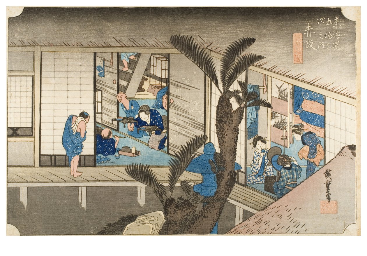 Akasaka: Karczma z pokojówkami z serii Pięćdziesiąt trzy stacje Tokaido, ok. 1831-1834 (drzeworyt na papierze) autorstwa Ando or Utagawa Hiroshige