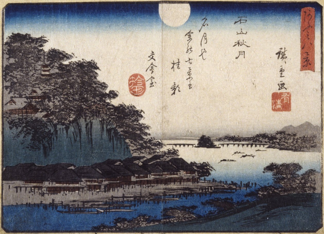 Autumn Moon Over Ishiyama (kolorowy drzeworyt) autorstwa Ando or Utagawa Hiroshige