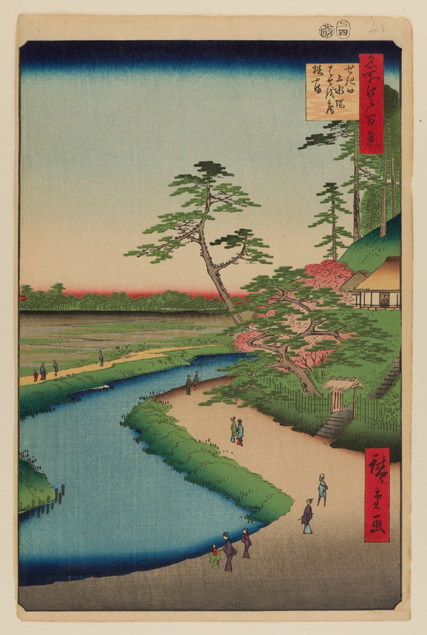Pustelnia Basho i wzgórze kameliowe na akwedukcie Kanda w Sekiguchi autorstwa Ando or Utagawa Hiroshige