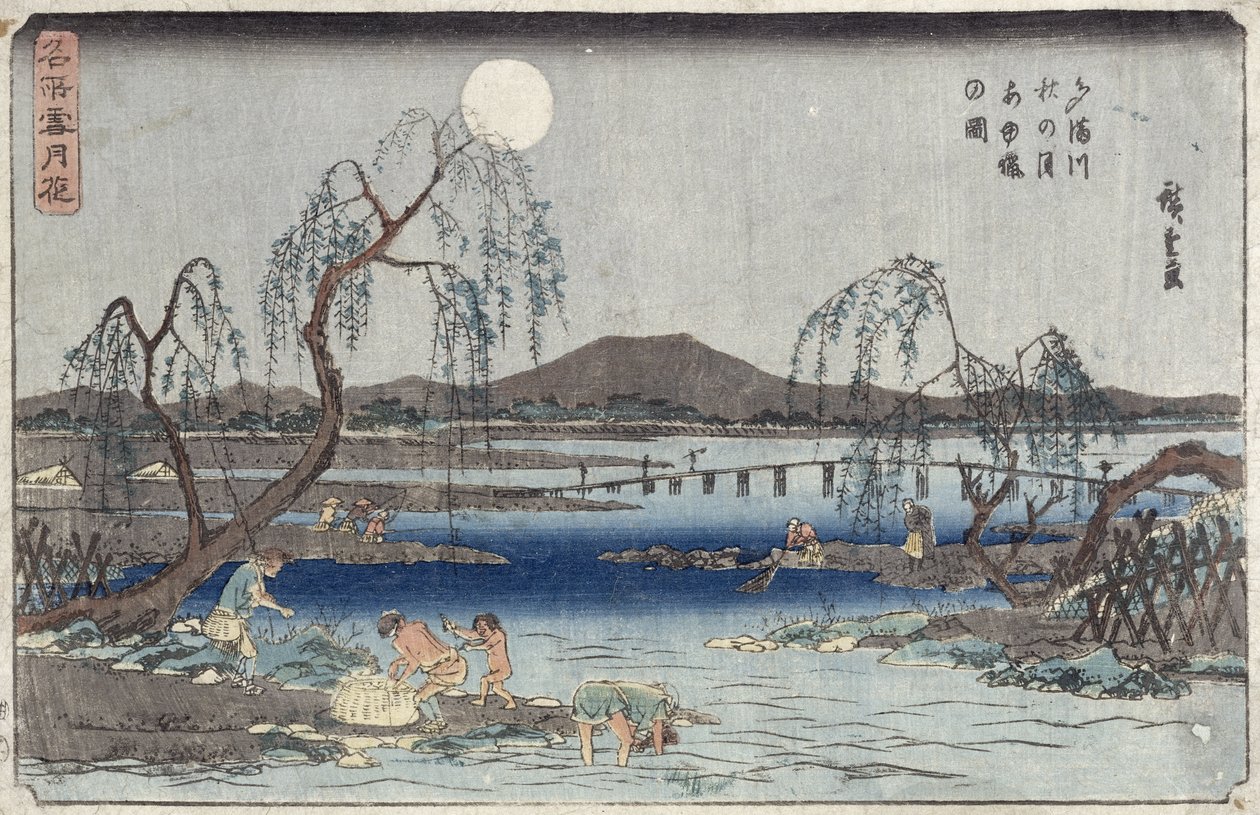 Łowienie ryb przy Moonlight na rzece Tama, z serii „Śnieg, księżyc i kwiaty” („Settsu Gekka”) (drewnodruk) autorstwa Ando or Utagawa Hiroshige