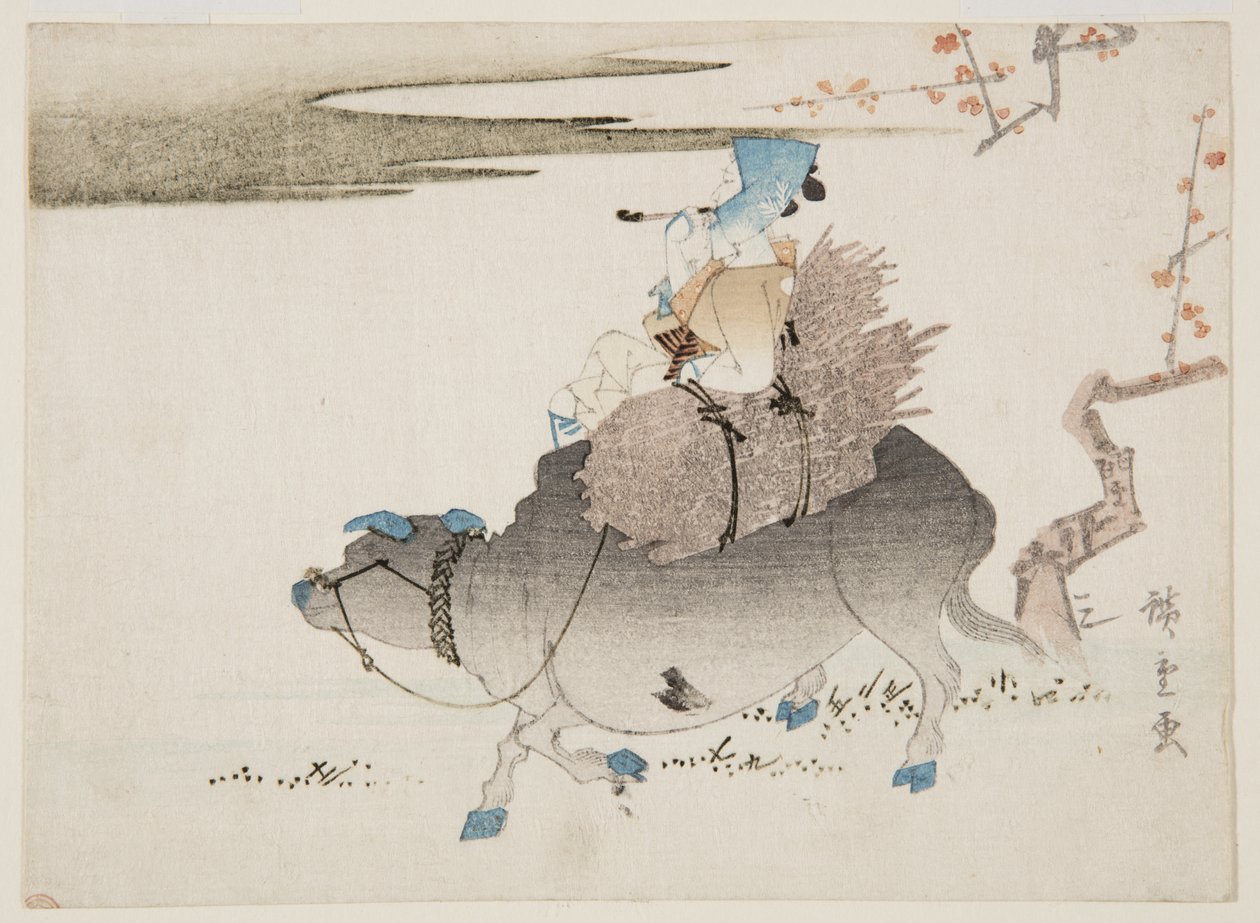 Cattleman i krowa (kolorowy drzeworyt) autorstwa Ando or Utagawa Hiroshige