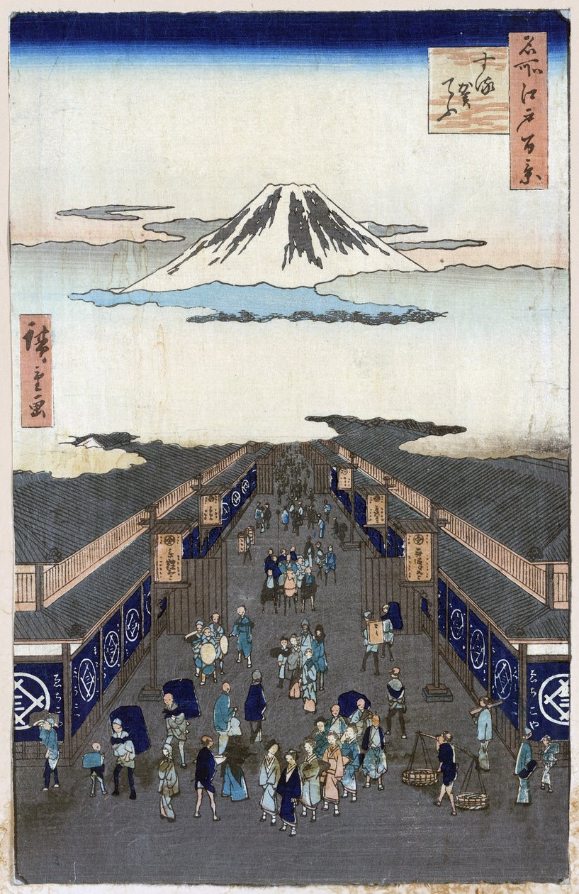 „Sto słynnych widoków Edo” (obecne Tokio): Widok Surugacho (Suruga cho, Suruga-cho). Widok na miasto Tokio w Japonii z górą Fuji w tle. (Surugacho (Sto słynnych widoków Edo). Japońska grafika Utagawa Hiroshige (1797-1858) autorstwa Ando or Utagawa Hiroshige