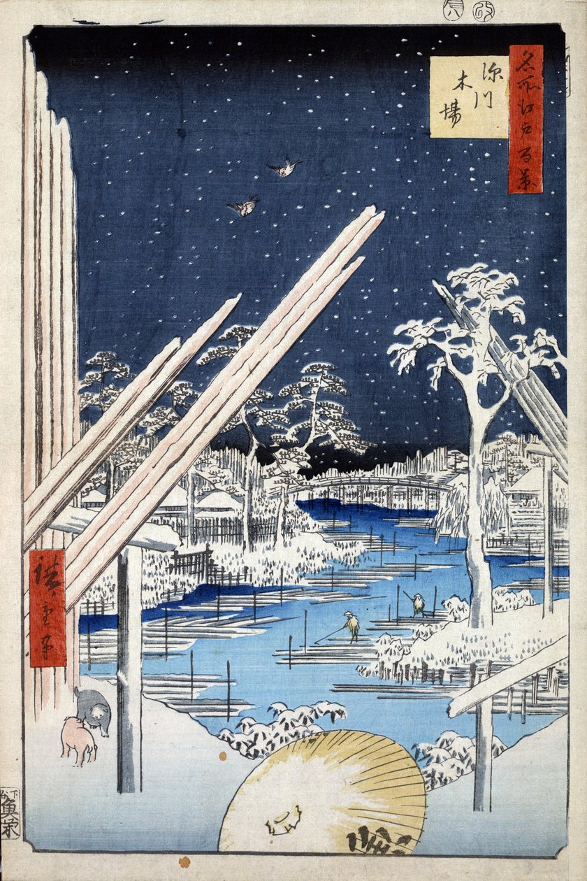 „Sto słynnych widoków Edo”: skład drewna w Fukagawie. Widok miasta Tokio w Japonii (Składy drzewne w Fukagawa (Sto słynnych widoków Edo). Japońska grafika Utagawa Hiroshige (1797-1858) autorstwa Ando or Utagawa Hiroshige