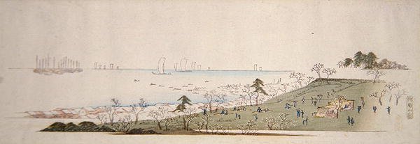 Czas kwitnienia wiśni, ludzie piknikujący w Gotenyama (kolorowy drzeworyt) autorstwa Ando or Utagawa Hiroshige