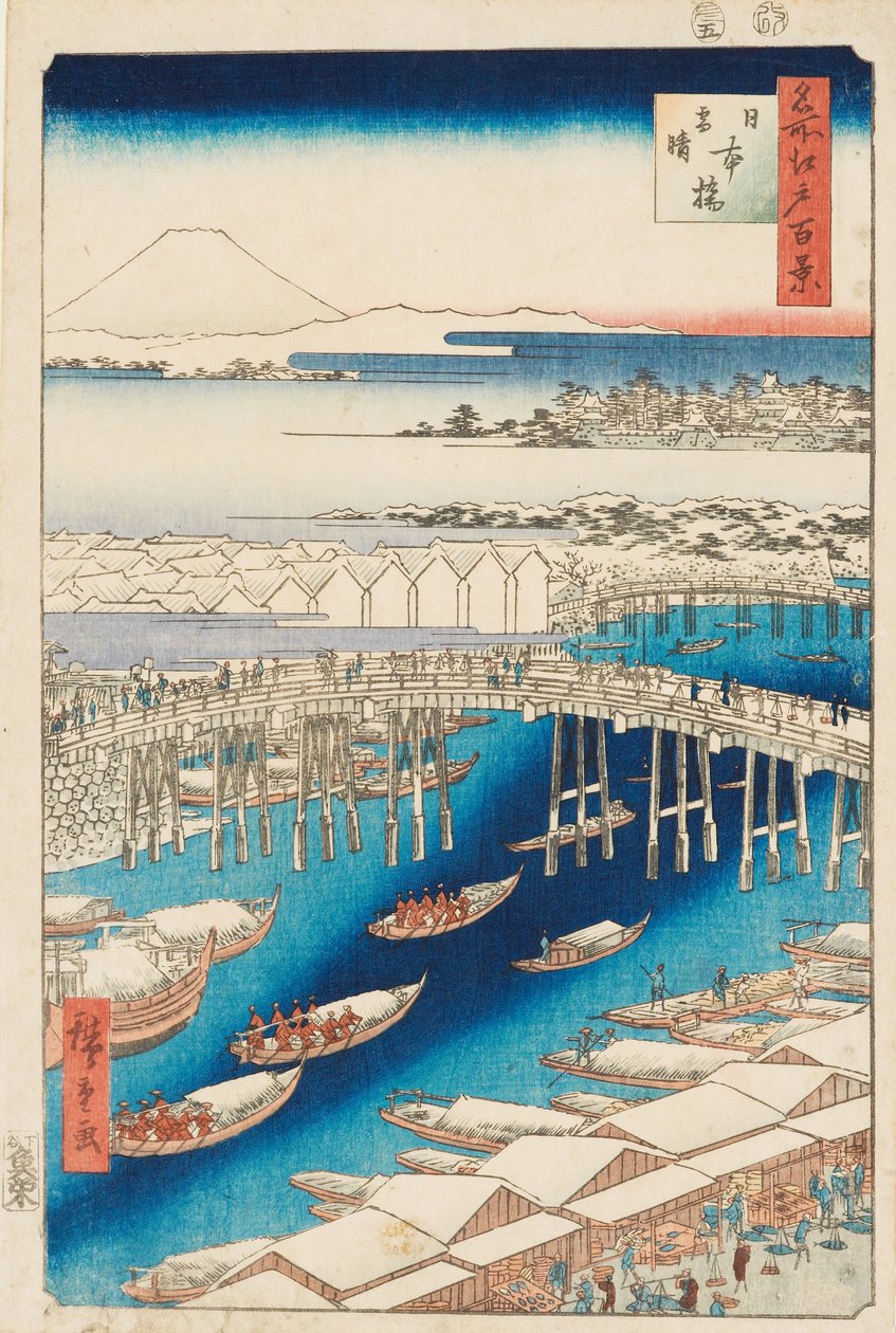 Polowanie po śniegu na moście Nihonbashi autorstwa Ando or Utagawa Hiroshige