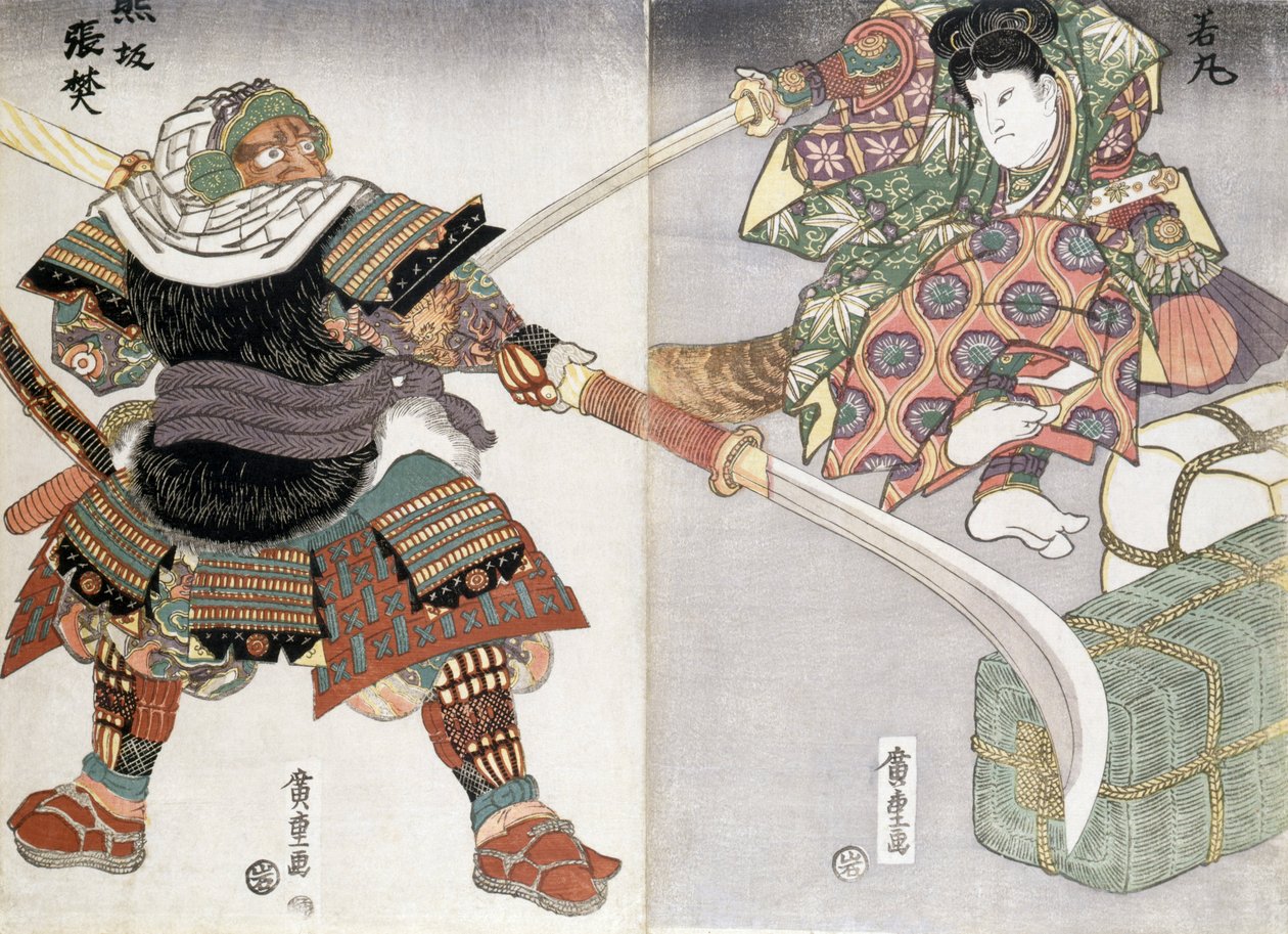 Dyptyk walki na miecze, XIX w. autorstwa Ando or Utagawa Hiroshige