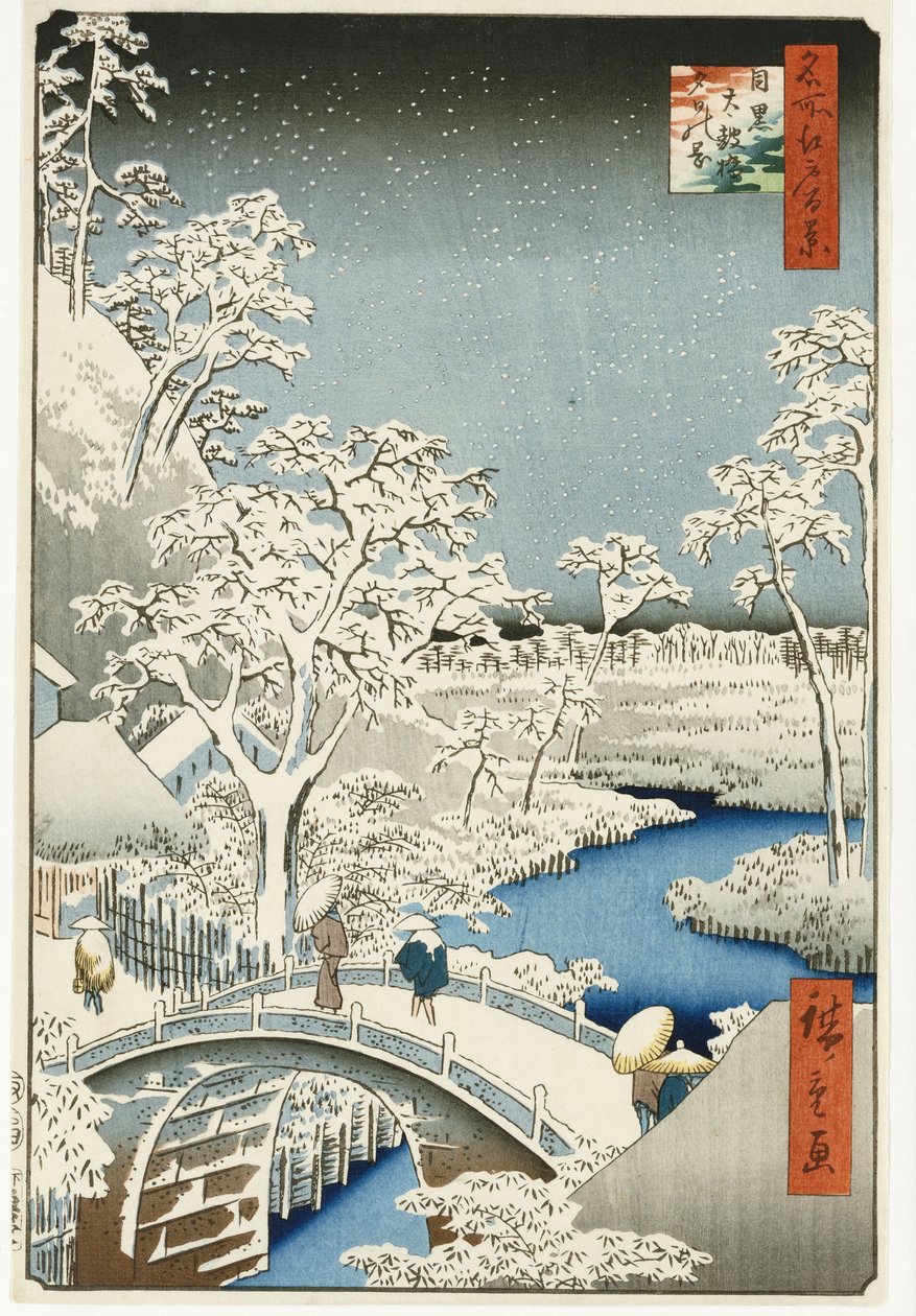 Drum Bridge i wzgórze „Zachodzące słońce”, Meguro, z serii „Sto widoków słynnych miejsc w Edo”, wydanej ok. 1858 r. autorstwa Ando or Utagawa Hiroshige