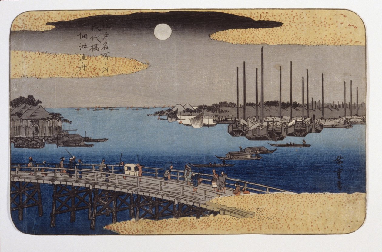 Ponte Eitai (impressão em xilogravura a cores) polonês autorstwa Ando or Utagawa Hiroshige